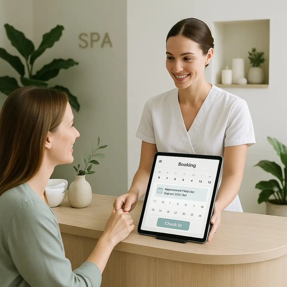 Front-desk host checking a guest in on a tablet booking screen