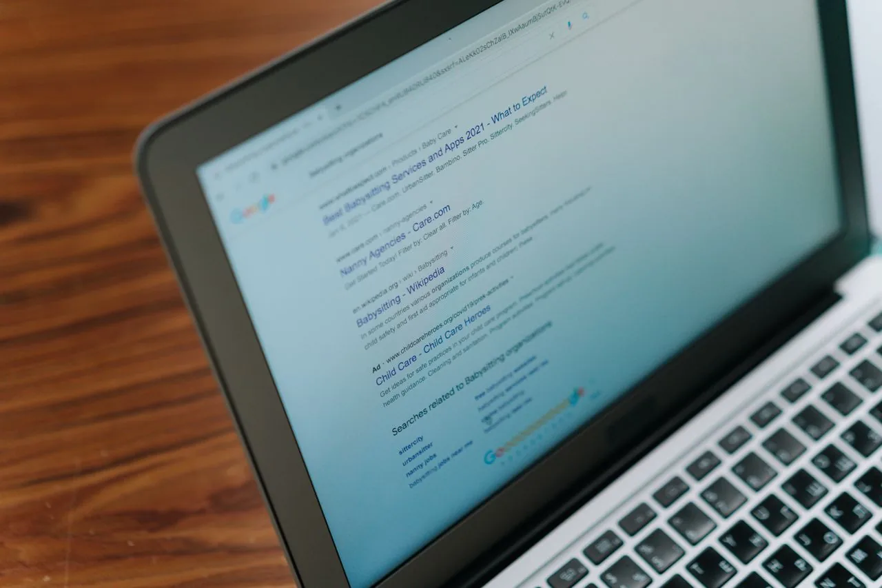 A page of search results on a laptop screen